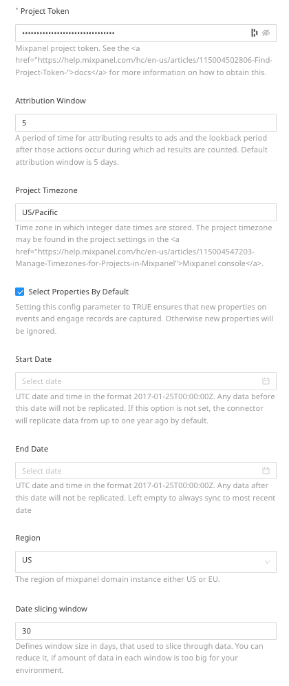 Mixpanel connection settings