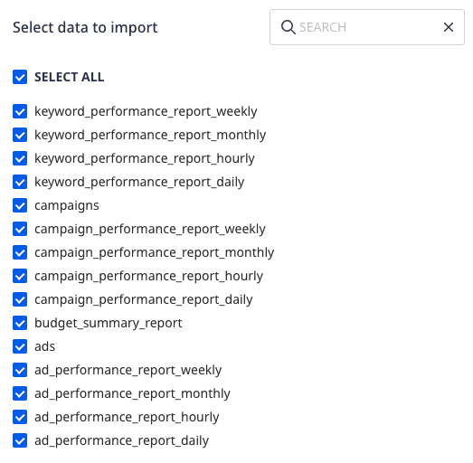 Selecting the data to import